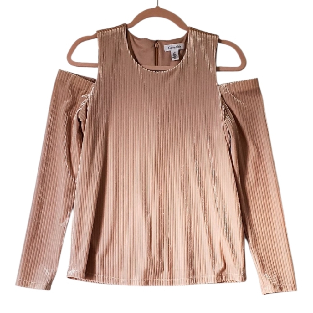 Calvin Klein Blush Mauve Soft Ribbed Luxe Velvet Open Shoulder Size Small NWOT